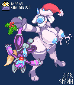 1_eye anthro ball_gag balls blue_penis blue_vulva bodily_fluids breasts christmas_clothing clothing duo female gag genitals holidays holly_(plant) horn lactating latex latex_clothing latex_skinsuit leaking_milk leg_grab lifting_another machine male penis plant skinsuit tight_clothing vulva ses_vanbrubles christmas star_spawn caprabot mustard_(ses_vanbrubles) bovid canid canine caprine cyclops fox goat humanoid mammal robot alpha_channel digital_media_(artwork) pixel_(artwork)