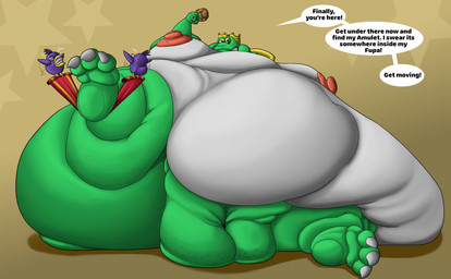 anthro belly carpet chicken_meat food fried_chicken fupa holding_food holding_object magic_carpet male meat moobs morbidly_obese nipples obese overweight solo text wolfgerlion64 nintendo super_mario_bros._2 wart_(mario) amphibian frog pidgit absurd_res english_text hi_res