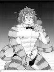 abs anthro bodily_fluids bow_tie breath clothing erection fur genital_fluids genitals male muscular muscular_anthro muscular_male nipples panting pecs penis precum solo striped_body striped_fur stripes stripper thong underwear undressing chuurow lifewonders tokyo_afterschool_summoners nomad_(tas) felid mammal pantherine tiger hi_res monochrome