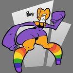 abstract_background anthro black_clothing black_topwear black_vest bulge clothed clothing curvy_figure fangs femboy footwear fur grin long_sleeves looking_back male multicolored_clothing multicolored_footwear multicolored_socks no_pupils orange_body orange_fur purple_clothing purple_sweater purple_topwear rainbow_clothing rainbow_footwear rainbow_socks shoulderless_sweater small_waist smile socks solo sweater teeth toony topwear vest yosomii moogy_(thatdawgmurray) unknown_species 2023 digital_media_(artwork) hi_res signature