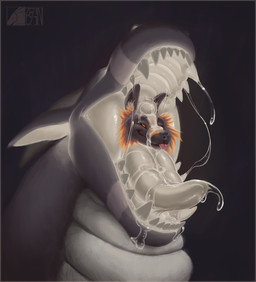 almost_fully_inside anthro black_body black_fur bodily_fluids duo fur logo looking_at_viewer male male/male oral_vore orange_body orange_eyes orange_fur saliva smile smiling_at_viewer teeth tongue tongue_out vore zeanlain mythology flynn_(zeanlain) canid canine dragon fox mammal mythological_creature mythological_scalie scalie 2024 artist_logo colored hi_res