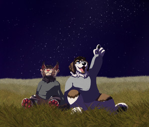 anthro black_pawpads brown_body brown_fur clothing date detailed_background duo ear_piercing ear_ring fur gesture grey_clothing grey_sweater grey_topwear hand_gesture male male/male outside pawpads piercing pink_nose pink_pawpads pointing ring_piercing romantic romantic_couple star stargazing sweater topwear white_body white_fur rattdawg bobcat canid canine canis domestic_dog felid feline lynx mammal molosser mountain_dog saint_bernard hi_res