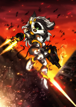 anthro arm_cannon black_body black_hair breasts debris destruction detailed_background featureless_breasts featureless_crotch female gatling_gun golden_markings green_eyes gun gun_arm gun_smoke hair high_heeled_feet machine machine_gun midair minigun multicolored_body multicolored_hair nude nude_anthro nude_female one_eye_obstructed pointy_ears ranged_weapon shooting_weapon smoke solo tail thin_tail two_tone_body two_tone_hair weapon weapon_arm white_body white_hair bluewolfartista thetis_(bonjolasermaster) android robot absurd_res hi_res signature