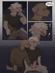 anthro balls biped blush blush_lines bodily_fluids clothed clothing cute_fangs dialogue duo erection erection_under_clothing eyes_closed eyewear fangs fingers fur genital_fluids genitals glans glasses grey_body grey_fur grey_tail hair handjob male male/male penile penis precum sex sitting speech_bubble tail tan_body tan_fur teeth text tongue sgguzz canid canine canis domestic_dog mammal 3:4 absurd_res comic english_text hi_res