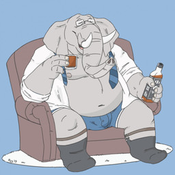 alcohol anthro beverage boxers_(clothing) chair clothing container cup drinking_glass eyewear footwear furniture garter_belt garter_belt_socks garter_straps glass glass_container glass_cup glasses lounge_chair male mature_male necktie overweight overweight_male proboscis_(anatomy) simple_background socks solo trunk_(anatomy) tusks underwear untied_necktie wearing_glasses whiskey whiskey_glass bearinbriefs hysterium elephant elephantid mammal proboscidean 1:1 2017 hi_res