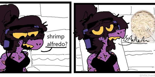 anthro arm_markings breasts brown_hair clothing dialogue electronics eye_through_hair female food furniture hair hair_over_eyes half-closed_eyes headgear headphones headset markings narrowed_eyes parody pasta purple_body sharp_teeth shirt shrimp_(food) simple_background singing sofa solo spaghetti tank_top teeth text tied_hair topwear translucent translucent_hair yellow_eyes yellow_teeth mik3hawk round_context_6370 deltarune undertale_(series) caseoh susie_(deltarune) reptile scalie