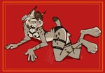 anthro border breasts clothing ear_piercing feather_ear_ring feet female harness leather panties pasties paws piercing pose red_border ring_piercing solo underwear nicnak044 nicole_(nicnak044) canada_lynx felid feline felis lynx mammal 2023 pinup