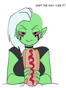 bite biting_lip biting_own_lip breasts choker clothed clothing duo ear_piercing eyebrows female fingers food food_fetish green_body green_skin hair hot_dog humanoid_pointy_ears jewelry long_hair looking_at_viewer male male/female necklace noseless not_furry piercing pink_sclera pointy_ears self_bite shirt suggestive suggestive_food t-shirt text topwear white_hair darkeros disney wander_over_yonder lord_dominator alien alien_humanoid humanoid 2019 english_text hi_res