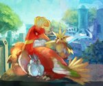 ambiguous_gender beak city cloud eyes_closed feathers feral flying group legendary_birds legendary_trio looking_aside plant red_eyes tree unknown_artist nintendo pokemon articuno avian bird generation_1_pokemon generation_2_pokemon ho-oh legendary_pokemon lugia moltres pokemon_(species) zapdos hi_res traditional_media_(artwork)