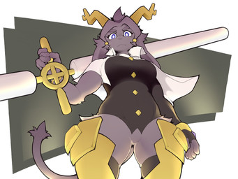 anthro antlers bottomless bottomless_female breasts clothed clothing dream_breaker_(pseudoregalia) featureless_crotch female fur grey_body grey_fur horn legwear long_ears looking_at_viewer looking_down looking_down_at_viewer low-angle_view solo weapon witchfinder pseudoregalia sybil_(pseudoregalia) bovid caprine goat hybrid jackalope lagomorph mammal 4:3 hi_res