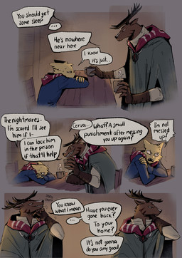 anthro antlers brown_body brown_fur dialogue duo fur horn male male_anthro speech_bubble talking_to_another text yellow_body yellow_fur aveloka cerva_(aveloka) yellow_cat_(cult_of_the_lamb) deer domestic_cat felid feline felis mammal 2024 comic digital_drawing_(artwork) digital_media_(artwork) english_text