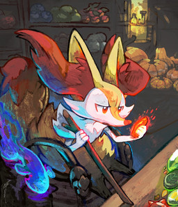 ambiguous_gender anthro blue_fire chair colored_fire dipstick_tail evolutionary_stone fire fire_stone food fruit fur furniture holding_object holding_stick inner_ear_fluff leaf_stone leppa_berry markings multicolored_body open_mouth oran_berry orange_eyes plant pokemon_berry pumpkin red_body red_fur sitting solo stick tail tail_markings tuft white_body white_fur yellow_body yellow_fur jjfsantos nintendo pokemon braixen generation_6_pokemon pokemon_(species) 2026 hi_res
