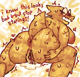 anthro anus areola big_breasts big_butt blush blush_lines bodily_fluids breasts buckteeth butt butt_grab dialogue eyes_closed eyewear female flying_sweatdrops genital_fluids genitals glasses hand_on_butt orange_anus orange_areola presenting presenting_vulva rear_view scales scaly_tail self_grope shaking solo sweat sweatdrop tail teeth text tremble_spikes trembling vaginal_fluids vaginal_fluids_puddle vulva yellow_body yellow_scales scaliescum undertale_(series) alphys scalie aliasing digital_media_(artwork) english_text hi_res portrait three-quarter_portrait