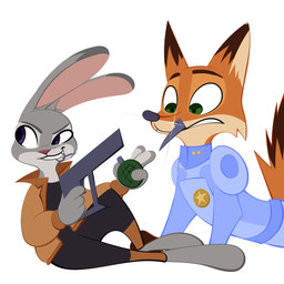 alternate_universe anthro barefoot clothed clothing dipstick_ears dipstick_tail duo ear_markings explosives feet female fur green_eyes grenade grin gun handgun holding_gun holding_object holding_ranged_weapon holding_weapon jacket lens_flare looking_back male markings mouth_hold multicolored_ears multicolored_tail object_in_mouth pistol police police_uniform purple_eyes ranged_weapon simple_background smile tail tail_markings topwear uniform weapon white_background fanartiguess disney zootopia judy_hopps nick_wilde canid canine fox lagomorph leporid mammal rabbit red_fox true_fox 1:1 2017 absurd_res hi_res