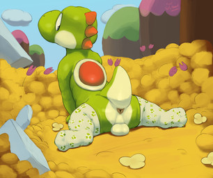 anthro anus backsack balls blue_eyes clothing cloud feet flower footwear footwear_only genitals legwear looking_back male mostly_nude outside plant presenting presenting_anus raised_tail rock shell socks socks_only solo tail tail_anus thigh_highs glibnel mario_bros nintendo green_yoshi yoshi absurd_res hi_res