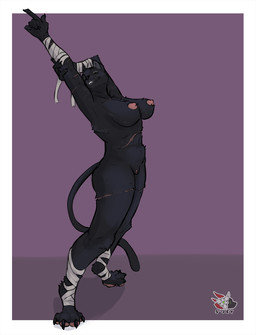 anthro areola arm_wraps big_breasts biped breasts digitigrade female female_anthro genitals leg_wraps logo mostly_nude mostly_nude_anthro mostly_nude_female nipples nude nude_anthro nude_female pose simple_background solo text three-quarter_view vulva wraps sjey_arts felid mammal panthera pantherine artist_logo artist_name digital_drawing_(artwork) digital_media_(artwork) english_text full-length_portrait hi_res pinup portrait restricted_palette