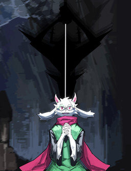 anthro black_body duo eyewear female fur glasses horn imminent_death male melee_weapon scarf sword weapon white_body white_fur heartbreak_juan deltarune final_fantasy final_fantasy_vii square_enix undertale_(series) ralsei roaring_knight bovid caprine darkner goat mammal 2025 absurd_res hi_res