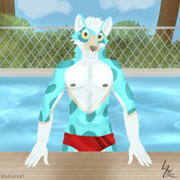 anthro clothed clothing erection looking_at_viewer male outside poolside sky smile solo speedo summer swimming_pool swimwear underwear water lubanart felid feline mammal 1:1 absurd_res digital_media_(artwork) hi_res