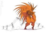 2020 anthro big_breasts breasts brown_body conditional_dnp featureless_breasts female green_eyes jollyjack kaiju macro mammal muscular muscular_anthro muscular_female orange_body power_lines quills_(anatomy) restricted_palette solo