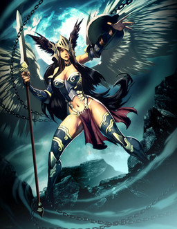 armor black_hair brown_eyes chain cloth clothed clothing collar feathered_wings feathers female hair melee_weapon planet polearm scenery shield skimpy solo staff weapon wings genzoman brynhildr angel angel_humanoid humanoid mammal valkyrie winged_humanoid