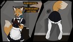 2024 absurd_res anthro balthy_(suitedwolfie) canid canine clothed clothing crossdressing cutaway dialogue digital_drawing_(artwork) digital_media_(artwork) dipstick_ears dipstick_tail ear_markings english_text femboy fox fully_clothed fur gloves_(marking) head_tuft hi_res inside maid_uniform male mammal markings multicolored_ears open_mouth open_smile orange_body orange_fur red_fox smile solo speech_bubble suitedwolfie tail tail_markings text trash_can true_fox tuft uniform