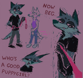 anthro asking black_clothing black_shirt black_t-shirt black_topwear blush clothed clothed_anthro clothing duo female holding_leash holding_object leash leashed_viewer male open_mouth open_smile purple_background shirt simple_background smile t-shirt text topwear demensa emil_(demensa) ych_(character) canid canine canis coyote domestic_dog hybrid mammal 2023 digital_media_(artwork) english_text hi_res