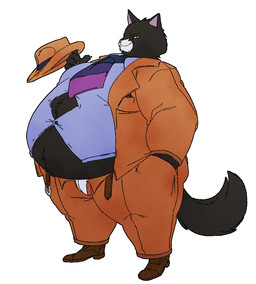 anthro belly belt big_belly black_body black_fur bottomwear clothing fedora footwear fur hat headgear headwear male moobs necktie obese obese_male open_belt overweight overweight_male pants pants_undone pink_nose shoes solo suit suit_jacket tail underwear underwear_peeking slaychopath domestic_cat felid feline felis mammal character_request