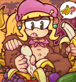 anthro apple banana banana_peel belly blonde_hair blowing_bubble_gum blush bottomless brown_body brown_fur bubble_gum clothed clothing colored_nails convenient_censorship crop_top ear_piercing ear_ring eating feet female food foot_fetish foot_grab foot_play footjob_on_object fruit fur genitals grape green_eyes hair hand_feet hat headgear headwear holding_food holding_object melon mostly_nude nails navel partially_clothed peek peeling phallic phallic_food piercing pink_clothing pink_hat pink_headwear pink_nails plant ponytail pussy_peek ring_piercing shirt sitting sitting_on_food skimpy solo tan_body tan_fur toes topwear tuft vulva watermelon young young_anthro young_female arnkleblarn donkey_kong_(series) donkey_kong_bananza nintendo dixie_kong haplorhine kong mammal monkey primate hi_res