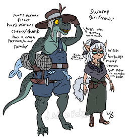 3_toes 4_fingers anthro belt belt_pouch clothed clothing dress duo fangs feet female fingers fluffy fluffy_tail footwear green_body green_scales green_skin hair hat headgear headwear holding_object holster kerchief knife long_hair overalls poncho scales simple_background smile tail teeth text toes tooth_necklace weapon white_hair yellow_eyes wittless-pilgrim alligatorid crocodilian domestic_cat felid feline felis mammal reptile scalie 2019 aliasing colored digital_drawing_(artwork) digital_media_(artwork) english_text model_sheet signature watermark