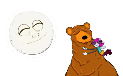 4_arms anthro big_eyes black_nose blue_clothing blue_shirt blue_topwear bottomwear brown_body brown_fur clothing eyes_closed female fur gloves group hair handwear male moon multi_arm multi_limb orange_bottomwear orange_clothing orange_skirt pink_hair shirt skirt topwear trio white_clothing white_gloves white_handwear nightlyg1 bear_in_the_big_blue_house disney jim_henson's the_buzz_on_maggie bear_(bitbbh) maggie_pesky arthropod bear fly_(animal) insect mammal crossover