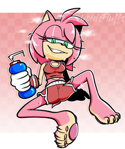 anthro athletic_wear barefoot bedroom_eyes bodily_fluids bottle bottomwear breasts clothing container eyelashes feet female fingers fur gloves gym_bottomwear gym_shorts hair half-closed_eyes handwear holding_bottle holding_container holding_object narrowed_eyes pawpads pink_body seductive shorts simple_background sitting smile solo spread_legs spreading sweat sweatdrop tail toes topwear voidsdroids sega sonic_the_hedgehog_(series) amy_rose eulipotyphlan hedgehog mammal digital_media_(artwork) hi_res