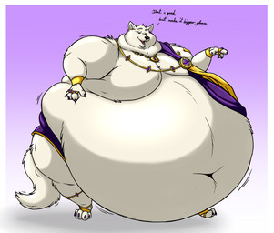 anthro belly big_belly claws clothed clothing dialogue fangs fur gem half-closed_eyes hand_on_hip huge_belly jewelry male morbidly_obese morbidly_obese_anthro morbidly_obese_male narrowed_eyes navel necklace obese obese_anthro obese_male open_mouth overweight overweight_anthro overweight_male paws solo standing tail teeth text hectorthewolf fan_character canid canine canis mammal wolf 2022 english_text hi_res