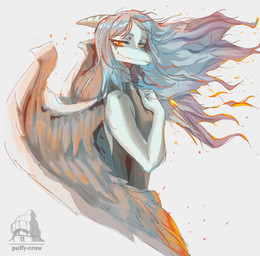amber_(gem) amber_(material) amber_eyes anthro black_clothing black_shirt black_tank_top black_topwear blue_body bone_frill breasts clothed clothed_anthro clothed_female clothing feathered_wings feathers female fingers fire frill_(anatomy) grey_body grey_feathers grey_hair hair happy head_turned humanoid_hands jewelry logo long_hair looking_at_viewer markings medium_breasts necklace non-mammal_breasts shirt side_view simple_background smile solo striped_markings stripes tank_top text topwear white_background wings puffycrow cavemanon_studios goodbye_volcano_high ko_op_(game_developer) snoot_game fang_(gvh) prehistoric_species pterosaur reptile scalie absurd_res artist_logo artist_name colored half-length_portrait hi_res portrait shaded watermark