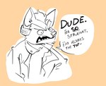 angry anthro clothed clothing dialogue jacket male open_mouth simple_background solo speech_bubble stated_heterosexuality stated_sexuality text topwear salamikii nintendo star_fox fox_mccloud canid canine canis fox mammal digital_media_(artwork) english_text hi_res monochrome