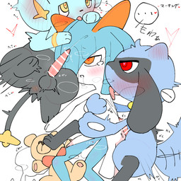 animal_genitalia animal_penis anthro anus aroused balls biped black_balls black_body black_fur blue_body blue_fur blush bodily_fluids canine_genitalia canine_penis caption censor_bar censored_genitalia cum cum_from_vagina cum_in_vagina cum_inside cum_on_ground dazed digitigrade drooling ear_blush ellipsis face_lick female feral fur genital_fluids genitals grinding_on_face group heart_pupils heart_reaction heart_symbol hearts_around_head high-angle_view hug hugging_another hugging_from_behind in_heat knot knotted_penis leaking_cum licking looking_pleasured lying male male/female on_back onomatopoeia open_mouth penis pink_penis plushie quadruped saliva sheath simple_background sound_effects tail tail_motion tailwag teddy_bear text tongue tongue_out torogao trio white_background sakaniyame nintendo pokemon generation_3_pokemon generation_4_pokemon humanoid kirlia pokemon_(species) riolu shinx shiny_pokemon 1:1 censored digital_drawing_(artwork) digital_media_(artwork) hi_res japanese_text