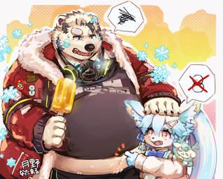 5_fingers anthro belly belly_peeking_out big_belly black_bottomwear black_clothing black_hair black_pants black_shirt black_topwear blue_hair bottomwear clothed clothing duo facial_hair female fingers food frustrated fur hair hoodie larger_male male obese obese_male open_clothing open_hoodie open_topwear overweight overweight_male pants poking_belly popsicle red_clothing red_hoodie red_topwear shirt sideburns size_difference snowflake topwear weight_conscious weight_gain white_body white_fur white_hair natamaru_a lifewonders tokyo_afterschool_summoners jack_frost_(tas) bear mammal polar_bear ursine absurd_res hi_res