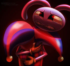 anthro bodily_fluids clothing crying duo female fool's_hat gloves handwear hat headgear headwear holding_another hug jester male purple_body tears upset kapitanazot glitch_productions the_amazing_digital_circus jax_(tadc) pomni_(tadc) human lagomorph leporid mammal rabbit 2026 absurd_res hi_res