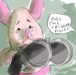 2014 anthro black_eyebrows black_text bodily_fluids crying dialogue disney domestic_pig double_barrel_shotgun english_text eyebrows frown gun holding_gun holding_object holding_ranged_weapon holding_shotgun holding_weapon iguanamouth low_res male mammal offscreen_character piglet pink_body pink_ears pink_nose ranged_weapon reaction_image sad shotgun sketch solo speech_bubble suid suina sus_(pig) sweat sweaty_face talking_to_another tears text weapon winnie_the_pooh_(franchise)