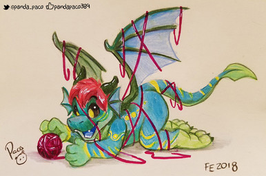 anthro ball_of_yarn black_sclera blue_body blue_wings glistening glistening_eyes green_horn hair horn logo male markings membrane_(anatomy) membranous_wings no_pupils nude open_mouth open_smile red_hair short_hair simple_background smile solo spade_tail striped_arms striped_legs striped_markings striped_tail stripes tail tail_markings wings yarn yellow_eyes young young_anthro young_male pandapaco mythology inkh dragon mythological_creature mythological_scalie scalie 2018 artist_logo dated signature