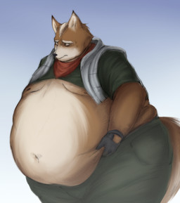 anthro belly big_belly bodily_fluids male moobs morbidly_obese nipples obese obese_male overweight overweight_male solo sweat sweatdrop belle_posting nintendo star_fox fox_mccloud canid canine fox mammal hi_res