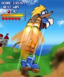 bodysuit boots clothing flying footwear heart_symbol humor jet_pack male shoes skinsuit solo tight_clothing ricowolfdog konami rocket_knight_adventures sparkster hi_res