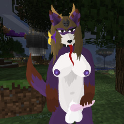 accessory anthro antlers balls belly black_nose blonde_hair bow_ribbon breasts brown_body brown_fur fangs forest forest_background fur genitals hair hair_accessory hair_bow hair_ribbon herm horn intersex knot knotted_penis long_tongue markings navel nipples penis plant purple_body purple_fur purple_nipples ribbons solo standing striped_markings stripes tail teeth tongue tongue_out touching_penis tree white_body white_fur timelierg microsoft minecraft mojang xbox_game_studios timelierg_(timelierg) canid canine deer fox hybrid mammal