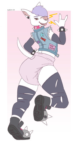 ageplay anthro armband barbell_piercing brown_eyes circular_barbell_piercing clothed clothing devil_horns_(gesture) diaper ear_piercing facial_piercing female female_anthro footwear fur gauged_ear gesture glistening glistening_eyes hair hand_gesture hand_on_hip infantilism legwear looking_at_viewer nose_piercing open_mouth open_smile patch_(fabric) piercing pink_diaper pink_nose pink_tongue purple_hair roleplay septum_circular_barbell septum_piercing shoes short_hair smile solo spiked_armband spikes standing tail tongue torn_clothing torn_legwear wearing_diaper white_body white_fur white_tail hardscales tris_(trispibble) canid canine canis domestic_dog mammal absurd_res hi_res