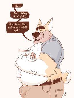 anthro arm_hair belly big_belly body_hair bottomwear brown_bottomwear brown_clothing brown_pants bulge chest_hair clothing eyes_closed fur grey_clothing grey_topwear male moobs navel nipple_piercing nipple_ring nipples obese obese_anthro obese_male overweight overweight_anthro overweight_male pants piercing pink_nipples ring_piercing side_view simple_background solo speech_bubble standing text topwear white_background white_body white_fur yellow_body yellow_fur chocolateandmilk richard_(chocolateandmilk) canid canine canis domestic_dog mammal english_text hi_res portrait three-quarter_portrait