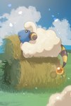 absurd_res ambiguous_gender black_eyes black_nose blue_body blue_sky cloud day digital_media_(artwork) digital_painting_(artwork) feral field fur generation_2_pokemon glistening glistening_eyes grass hay hay_bale hi_res looking_up mareep multicolored_ears nintendo nullma open_mouth outside pink_tongue plant pokemon pokemon_(species) quadruped shadow signature sky solo tail tail_orb tongue two_tone_ears two_tone_tail wool_(fur) wool_hair