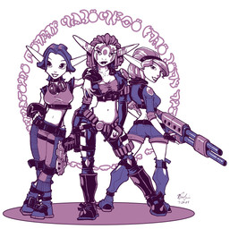 breasts butt eyelashes eyewear female goggles group gun hair holding_gun holding_object holding_ranged_weapon holding_weapon humanoid_pointy_ears long_eyelashes looking_at_viewer looking_back looking_back_at_viewer navel not_furry pointy_ears ranged_weapon simple_background smile thong_straps weapon bob_rafei jak_and_daxter naughty_dog sony_corporation sony_interactive_entertainment ashelin keira_(jak_and_daxter) tess_(jak_and_daxter) elf humanoid 2004 hi_res official_art
