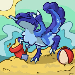 ball beach beach_ball blue_body blue_fur bucket claws container digitigrade feet fur gesture happy inflatable open_mouth sand shovel sky standing sun tail tongue tongue_out tools trowel water wave waving waving_at_viewer jaxfera dinosaur dromaeosaurid prehistoric_species reptile saurischian scalie theropod 1:1 2026 absurd_res cel_shading digital_drawing_(artwork) digital_media_(artwork) hi_res shaded signature