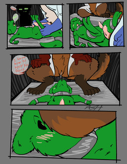 accessory anthro blush bodily_fluids bound brown_body claws clothing coat cock_ring cuff_(restraint) dialogue erection facesitting female frottage furniture genital_fluids genitals gloves green_body group hands_on_legs handwear holding_legs_up jewelry lab_coat male male/female male/male moan on_table penile penis penis_accessory penis_jewelry penises_touching precum restraints sex shackles sitting sitting_on_another sitting_on_table slit_penis smile smirk table tail text topwear trio tuft vaginal_fluids vulva spicymustelid rain_world videocult jameson spice tuft_(character) gulonine mammal marten mustelid musteline otter pine_marten slugcat absurd_res comic english_text hi_res
