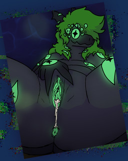 anthro black_body bodily_fluids cum eyes_on_body female fupa genital_fluids genitals glowing glowing_eyes glowing_genitalia glowing_nipples glowing_vulva green_hair hair leaking_cum leaking_vagina looking_at_viewer lying nipples on_back radioactive sea slightly_chubby slightly_chubby_female smile solo spread_vulva spreading underwater vulva water notkojiro eyefestation_(pressure) aquatic fish shark absurd_res alpha_channel hi_res