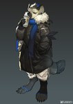 anthro black_hair blue_hair bottomwear claws clothed clothing container cup drinking fur grey_body grey_fur hair holding_container holding_cup holding_object jacket looking_away male pants shirt solo tail topwear milkybot arknights hypergryph studio_montagne weibo spot_(arknights) hyena mammal spotted_hyena 2019 absurd_res hi_res